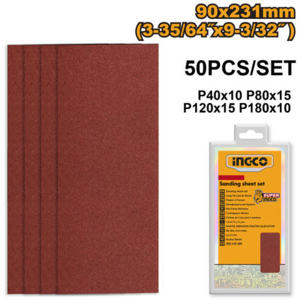 Set de 50 feuilles abrasives (90x231mm). Grains P40,80,120,180. Multi-supports.