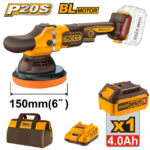 Polisseuse 20V brushless, plateau 150mm. Livrée avec batterie 4,0Ah et chargeur.