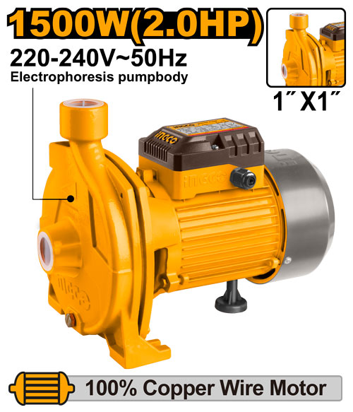 CPM15008.jpg Pompe centrifuge 1500W, hauteur max 45m, débit 140L/min. Pour eau propre. - Image 1