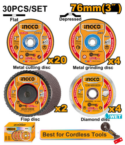 Set 30 disques pour mini-meuleuse 76mm (coupe, meulage, diamant, lamelles).